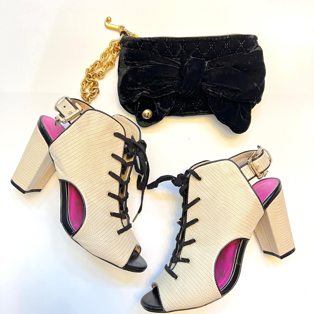 Juicy couture cream lace up heel sz 8.5 and black velvet gold handle wristlet